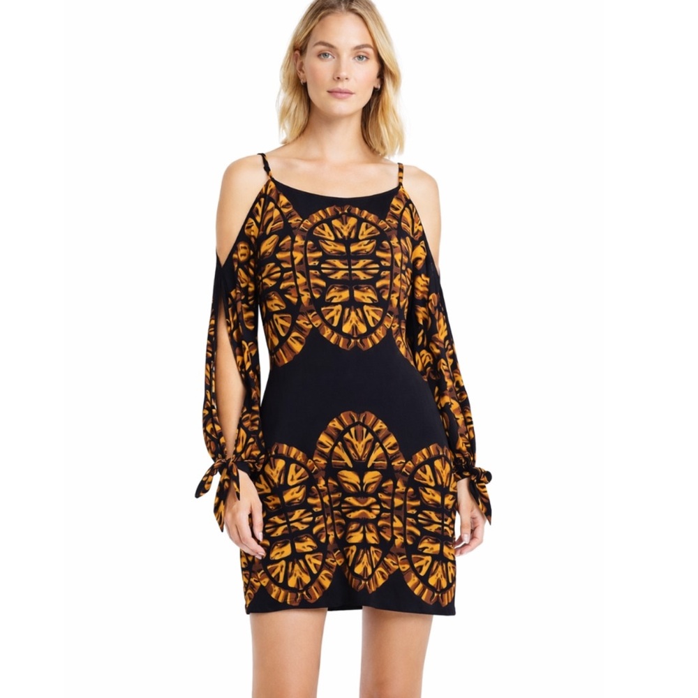 Mara Hoffman Silk Abstract Print Mini Dress Slit Sleeve Shoulder Cutout Tie Cuff